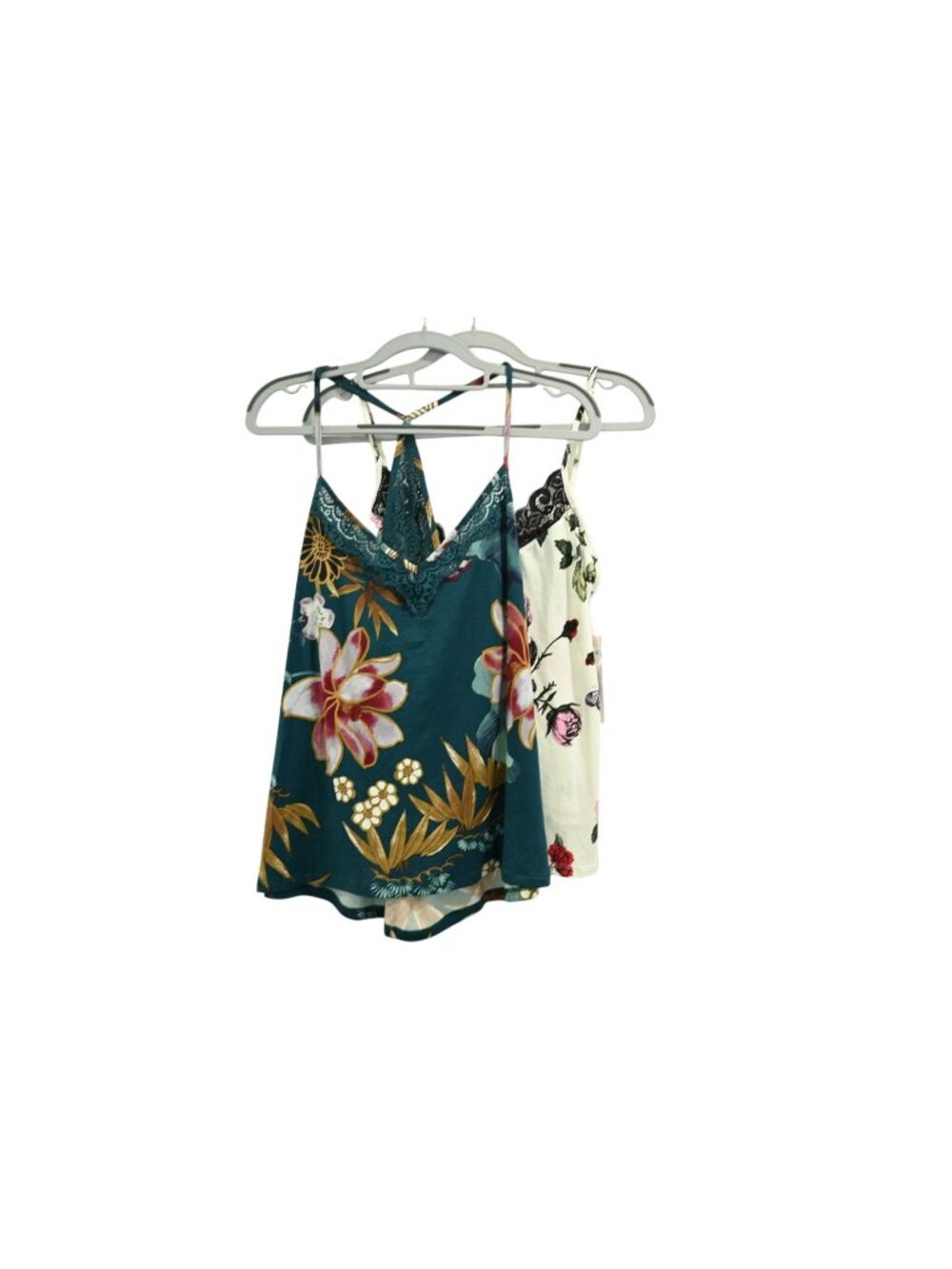 NWT Linea Donatella Lot of 2 Jersey Camis Sz M Green Pink Floral Lace Trim